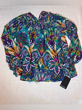 NWT Nicole Miller Teal Multicolor Floral Peasant Blouse SMALL